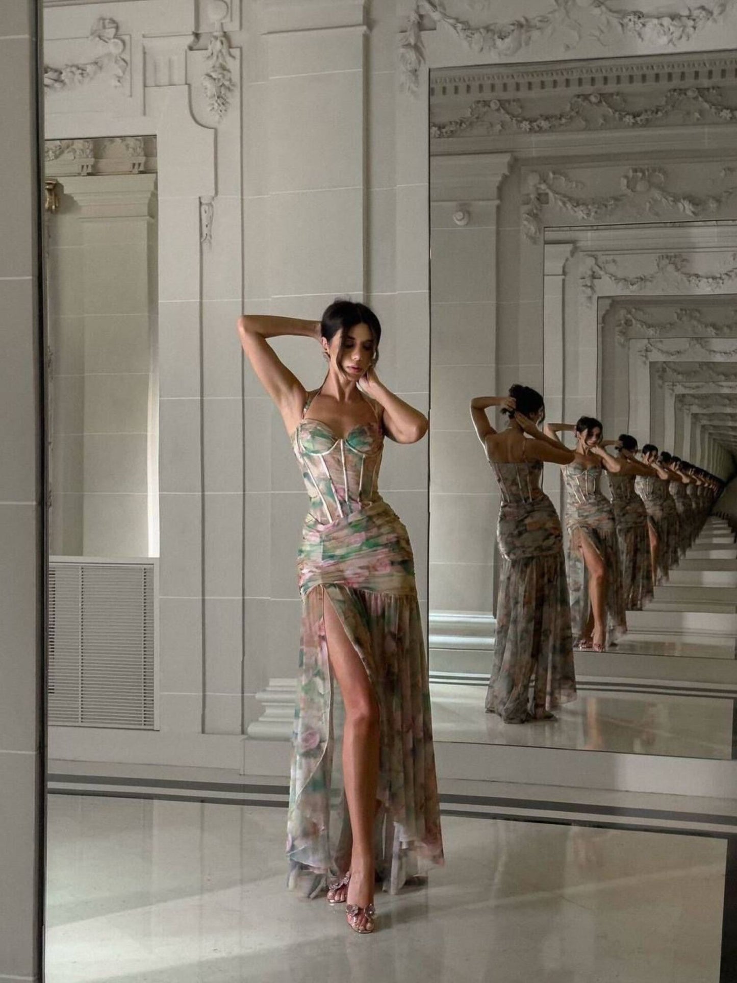 Blush Garden Corset Mesh Evening Dress