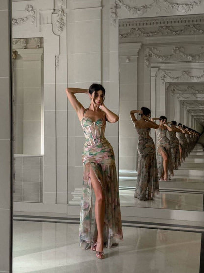 Blush Garden Corset Mesh Evening Dress