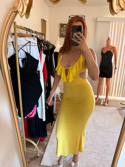 Yellow Rufle Cutout Backless Maxi Dress