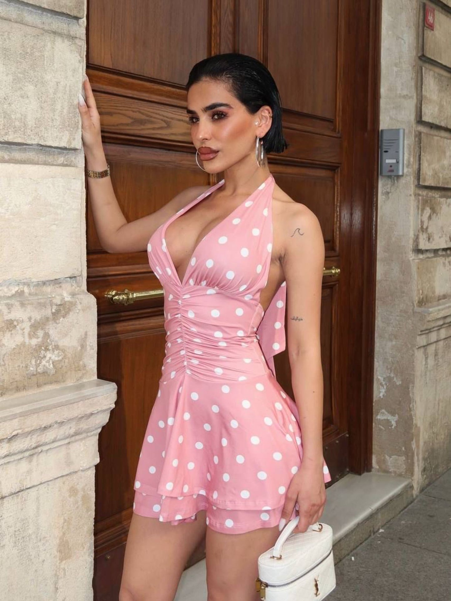 Rosé Charm Polka Dot Mini Dress