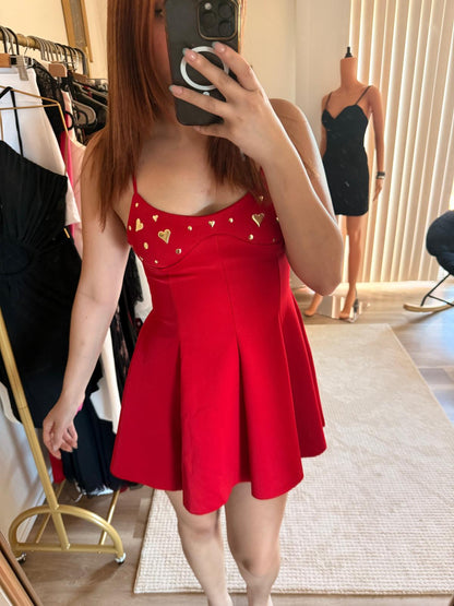 Gold Heart Embellished Flare Mini Dress