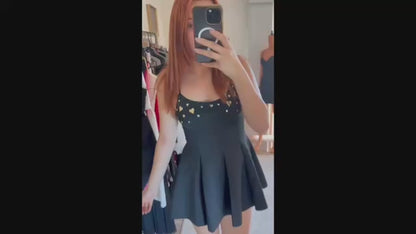 Gold Heart Embellished Flare Mini Dress